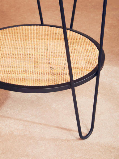 Natural Rattan Top Side Table With Lower Shelf & Black Metal Hairpin Legs, Depok