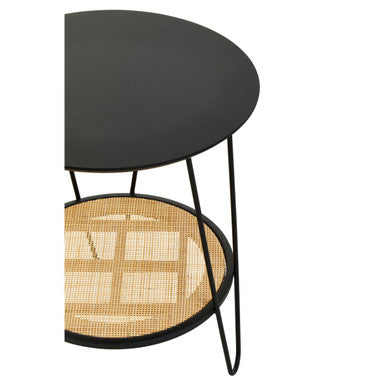 Natural Rattan Top Side Table With Lower Shelf & Black Metal Hairpin Legs, Depok