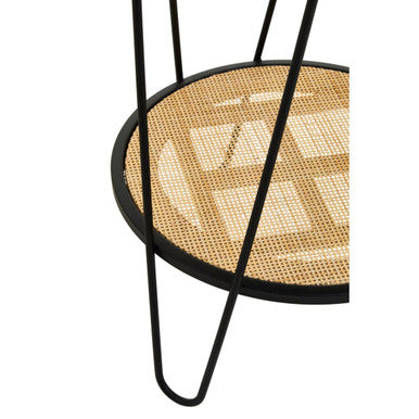 Natural Rattan Top Side Table With Lower Shelf & Black Metal Hairpin Legs, Depok