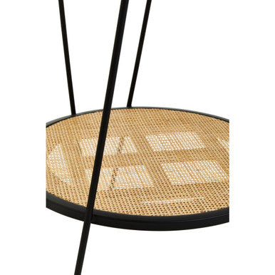Natural Rattan Top Side Table With Lower Shelf & Black Metal Hairpin Legs, Depok
