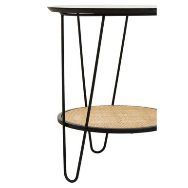 Natural Rattan Top Side Table With Lower Shelf & Black Metal Hairpin Legs, Depok