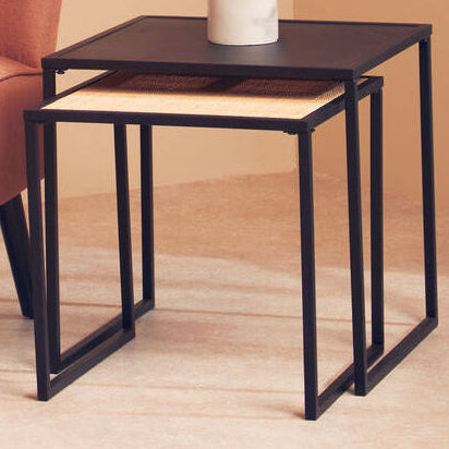 Black Metal & Rattan Top Nest Of 2 Tables With Square Frames, Depok