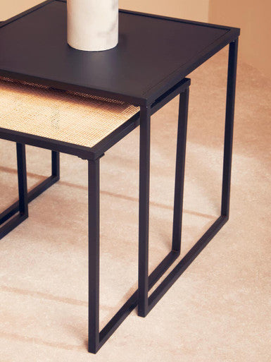 Black Metal & Rattan Top Nest Of 2 Tables With Square Frames, Depok