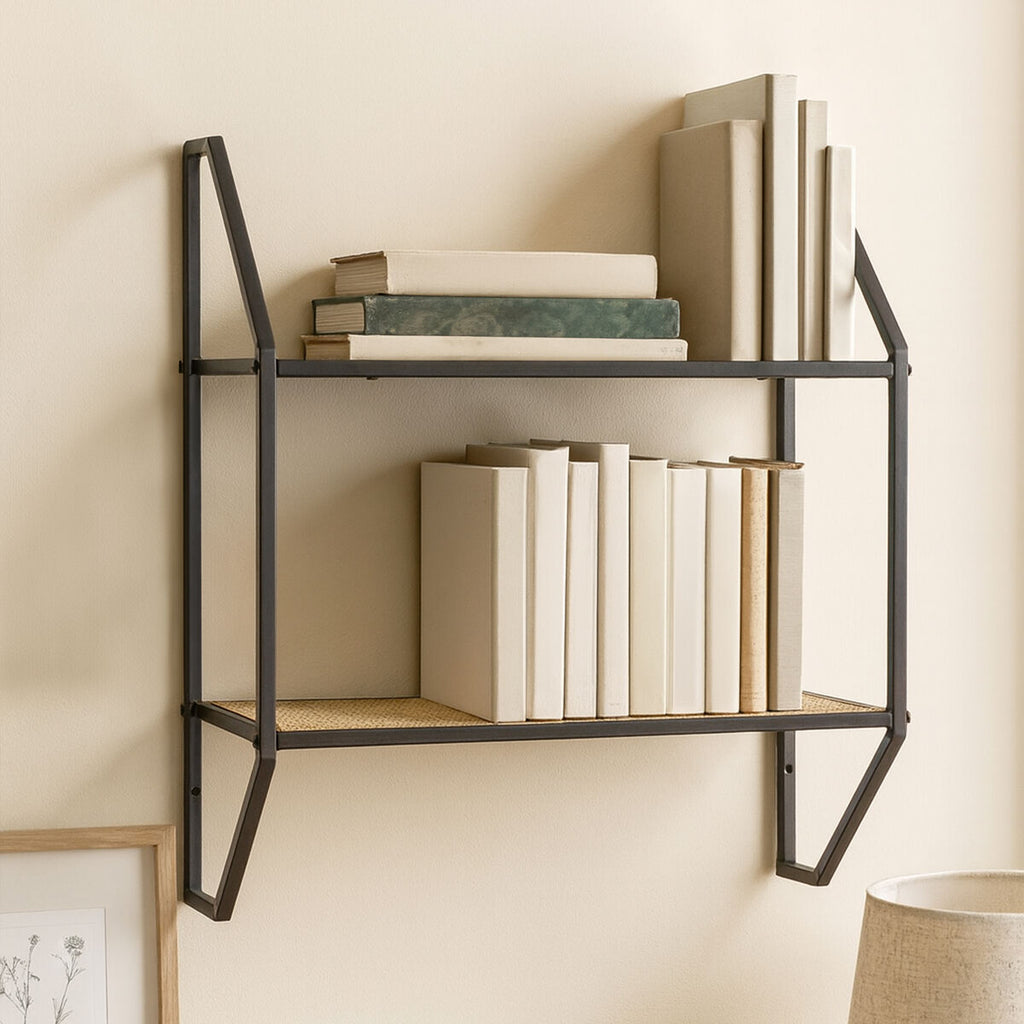 Depok Two Tier Rattan & Metal Wall Shelf