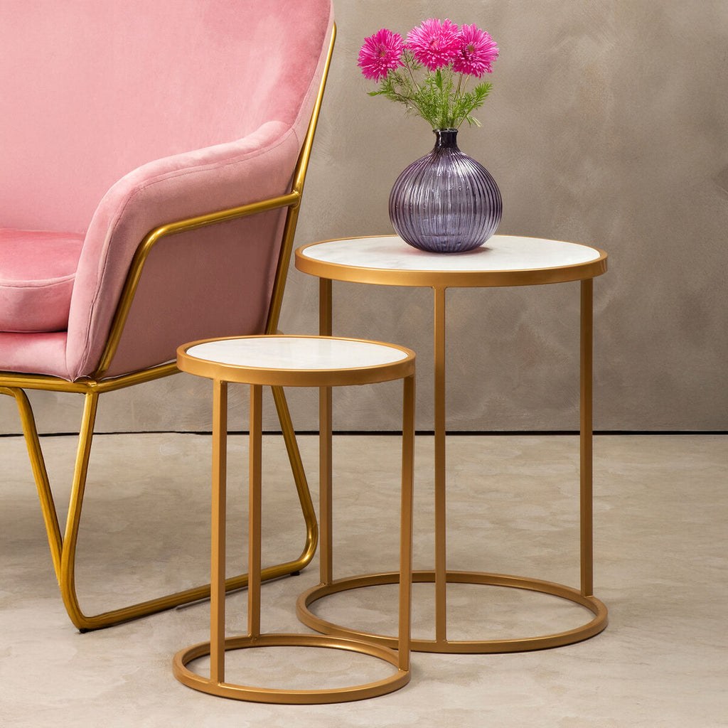Colva White Marble & Gold Set Of Two Nesting Tables