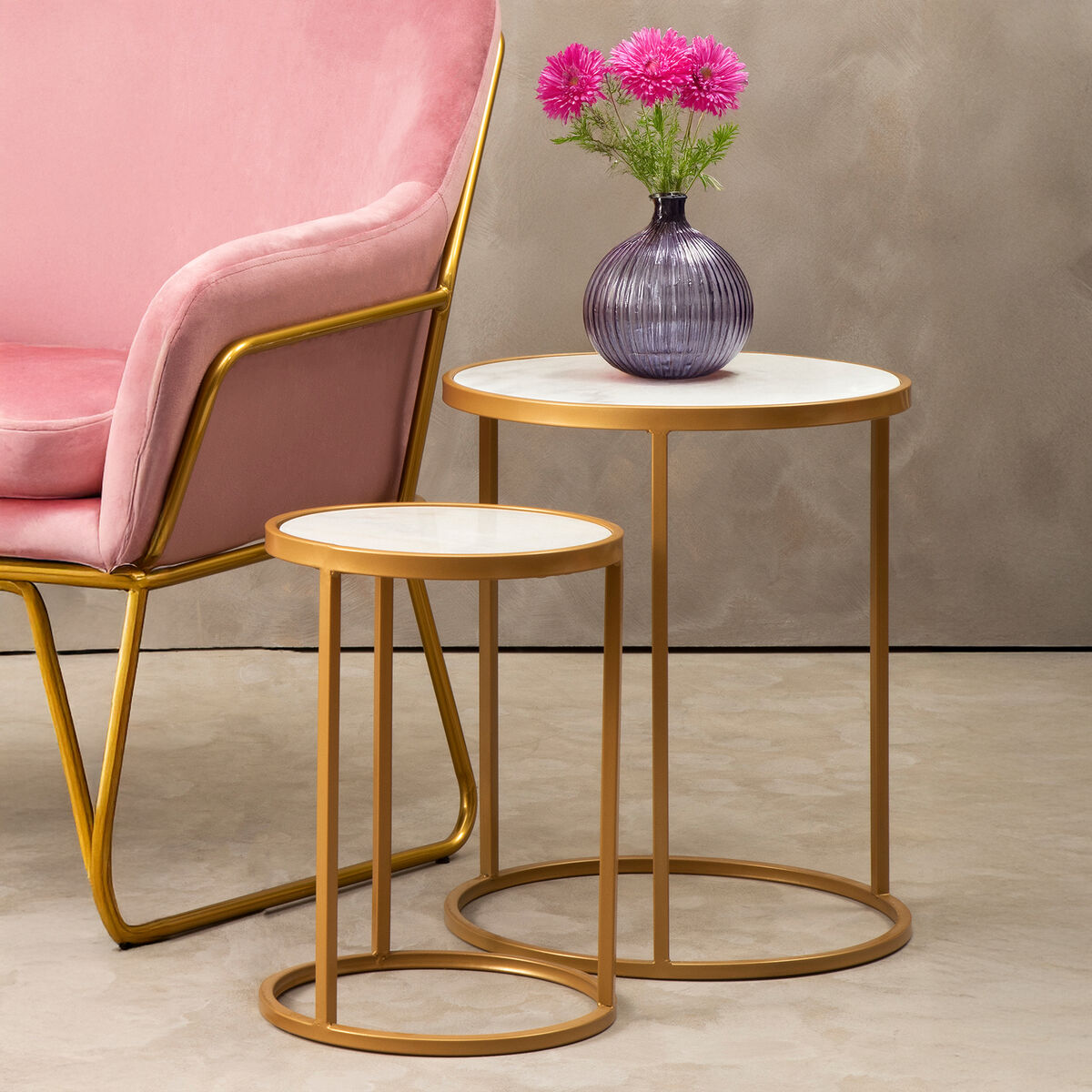 Colva White Marble & Gold Set Of Two Nesting Tables