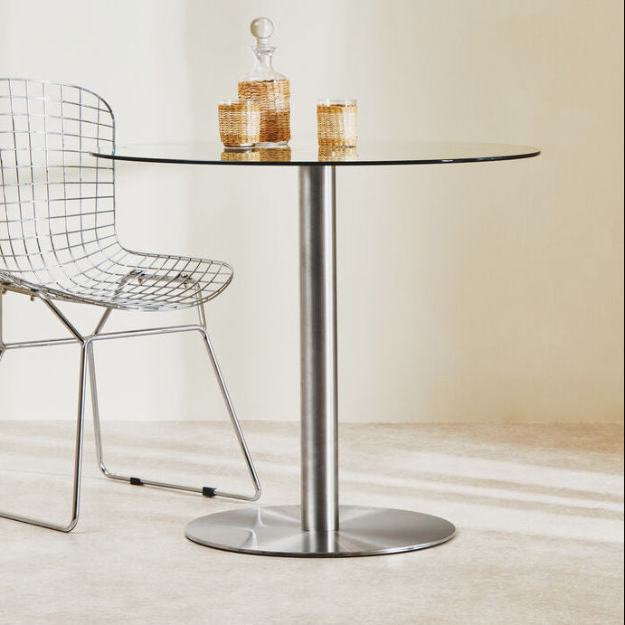 Clear Glass Round Dining Table With Silver Metal Base, Metropolitan
