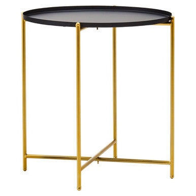 Black Tray Top Round Side Table With Gold Iron Stand, Trosa