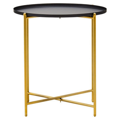 Black Tray Top Round Side Table With Gold Iron Stand, Trosa