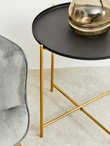 Black Tray Top Round Side Table With Gold Iron Stand, Trosa