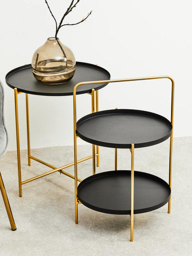 Black Tray Top Round Side Table With Gold Iron Stand, Trosa