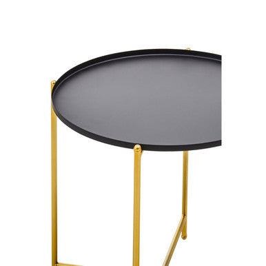Black Tray Top Round Side Table With Gold Iron Stand, Trosa