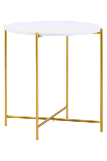 White Tray Top Round Side Table With Gold Criss Cross Base, Trosa