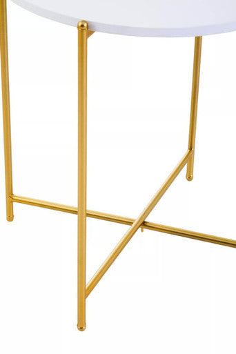 White Tray Top Round Side Table With Gold Criss Cross Base, Trosa