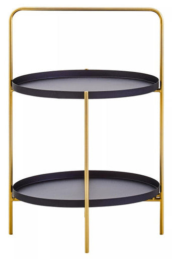 Black Rounded Shelves Two-Tier Side Table With Gold Iron Stand, Trosa