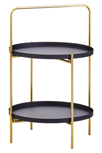 Black Rounded Shelves Two-Tier Side Table With Gold Iron Stand, Trosa