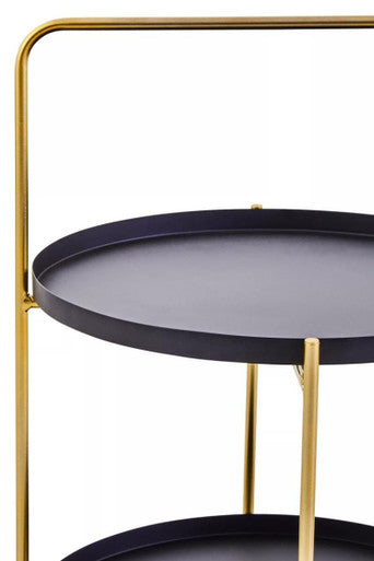 Black Rounded Shelves Two-Tier Side Table With Gold Iron Stand, Trosa