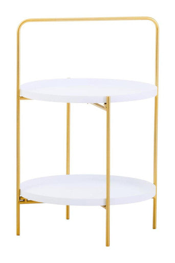 White Rounded Shelves Two-Tier Side Table With Gold Iron Stand, Trosa