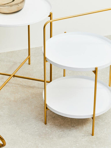White Rounded Shelves Two-Tier Side Table With Gold Iron Stand, Trosa