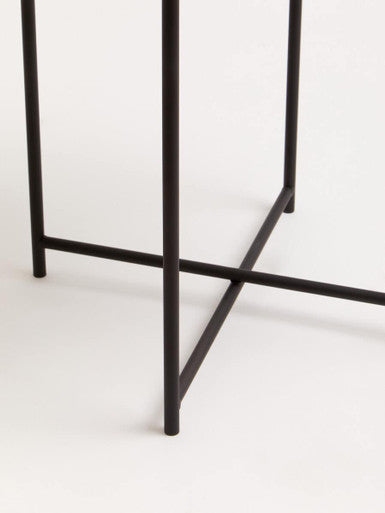 Round White Top Side Table With Black Iron Lattice Base, Trosa