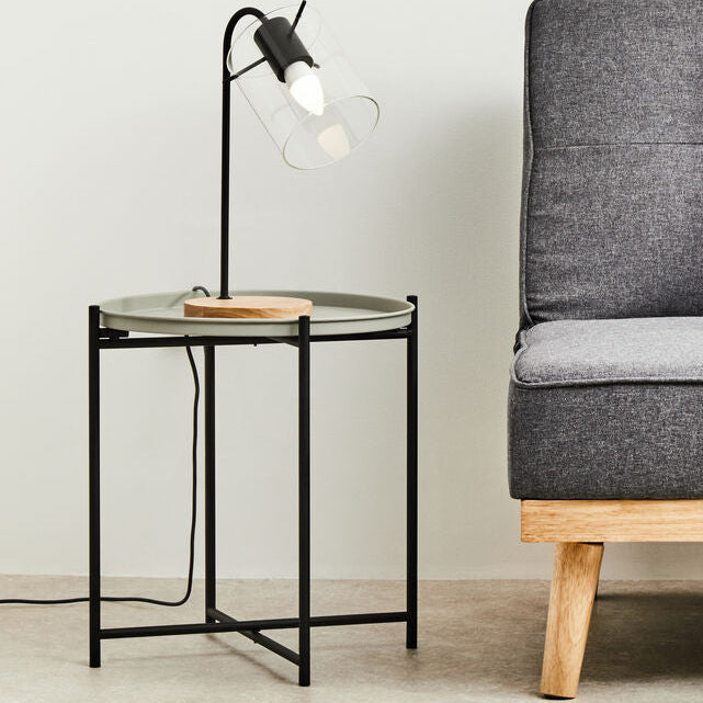 Round Grey Top Side Table With Black Iron Lattice Base, Trosa