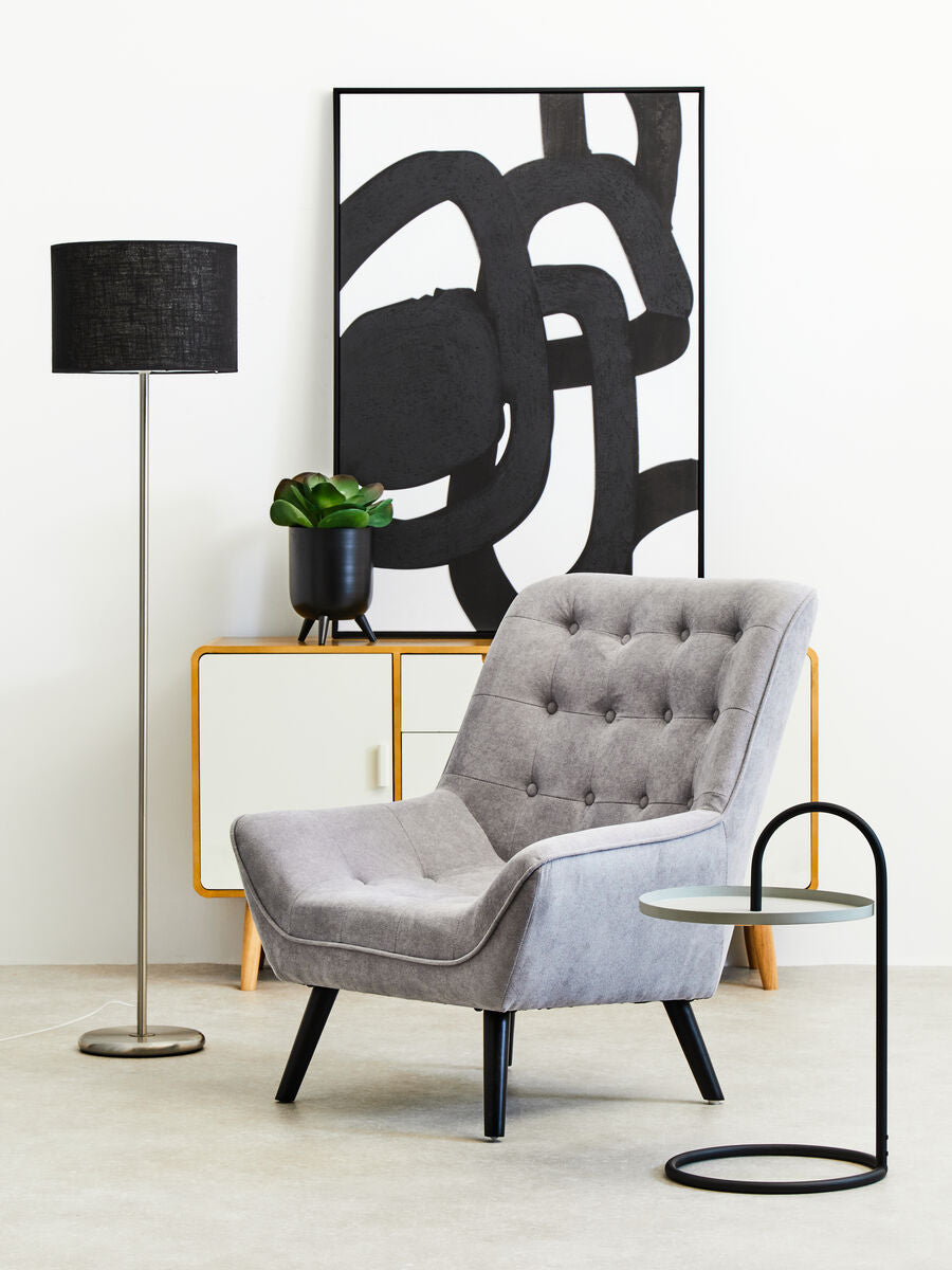 Grey Round Top Side Table With Black Iron Hanging Frame, Trosa