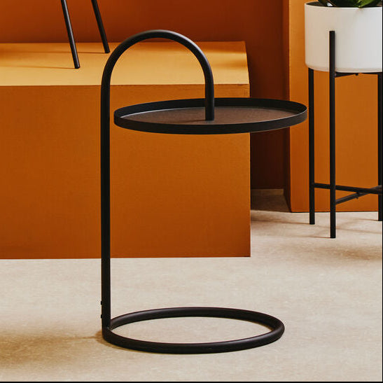 Black Round Top Side Table With Black Iron Hanging Frame, Trosa