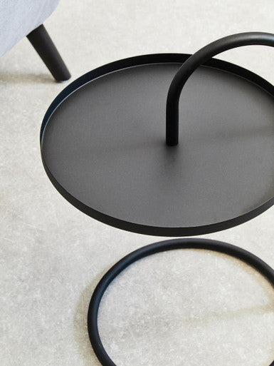 Black Round Top Side Table With Black Iron Hanging Frame, Trosa