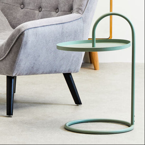 Green Round Top Side Table With Grey Iron Hanging Frame, Trosa
