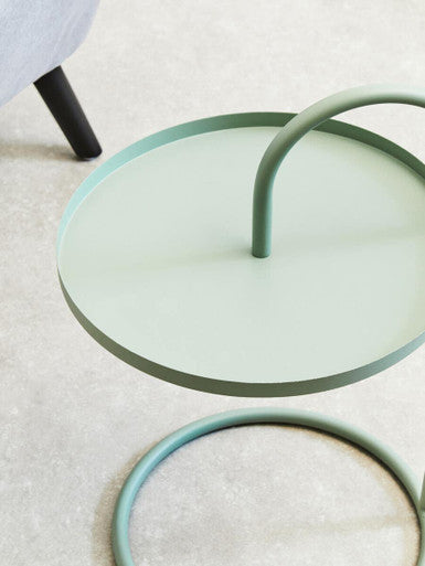 Green Round Top Side Table With Grey Iron Hanging Frame, Trosa