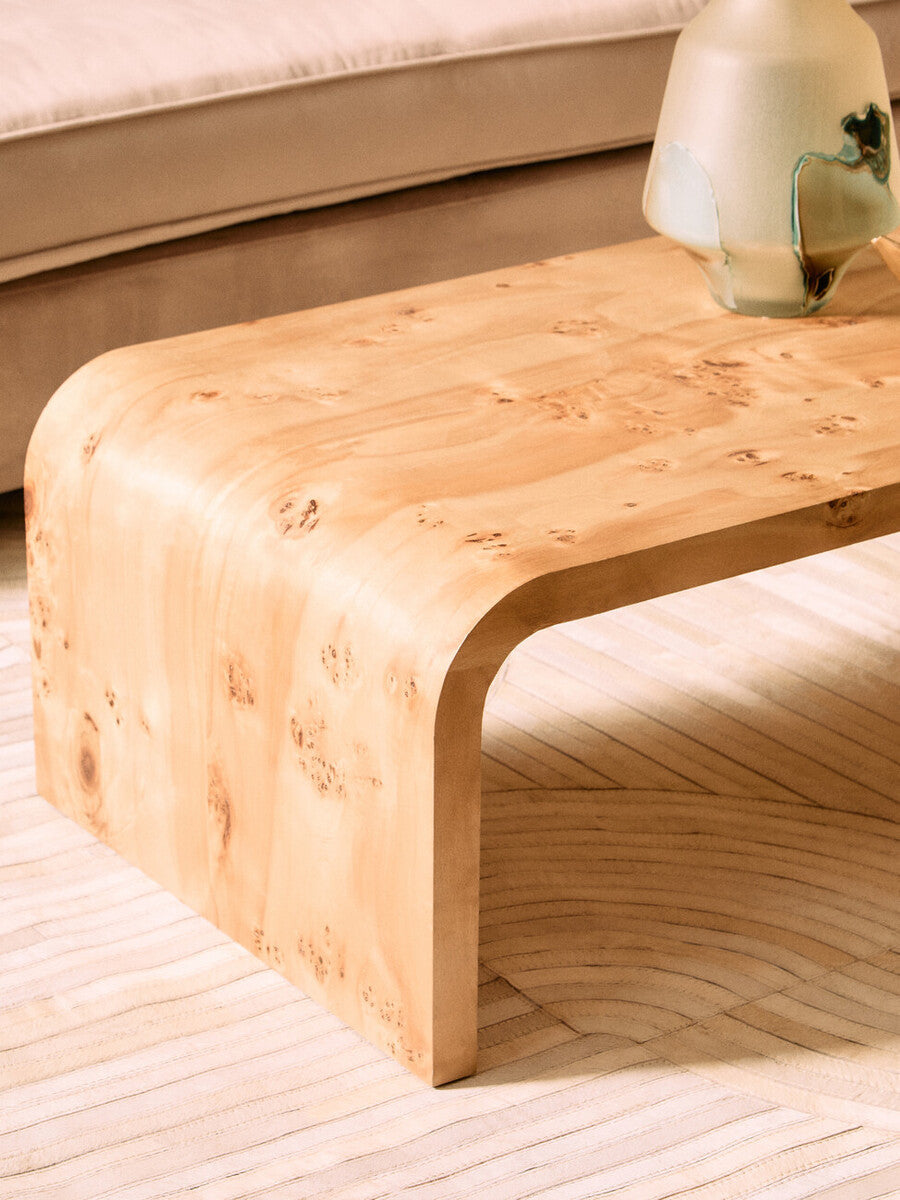 Natural Burl Wood Curved Coffee Table With Smooth Curved Edges, Mota