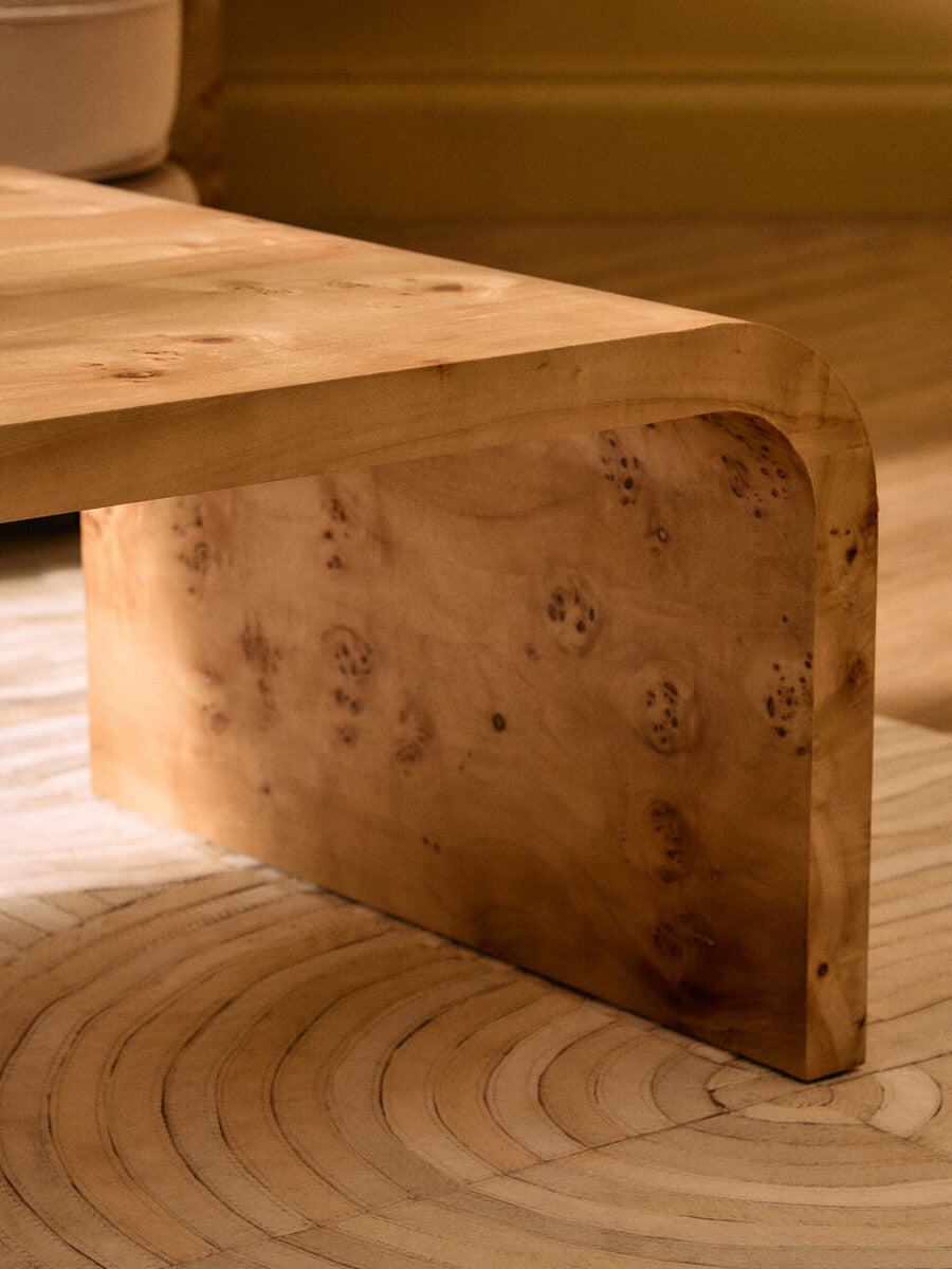 Natural Burl Wood Curved Coffee Table With Smooth Curved Edges, Mota