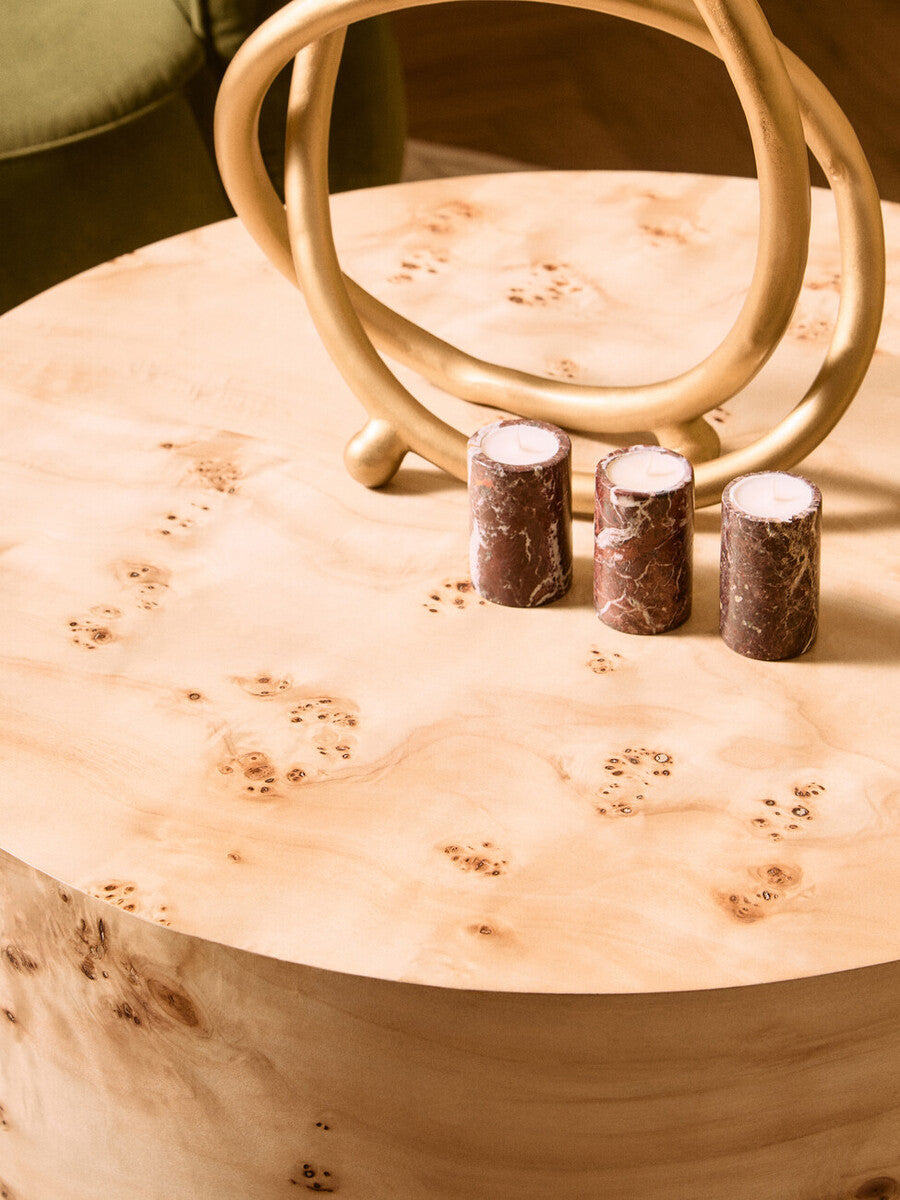 Natural Burl Wood Round Coffee Table With Drum Shape Design, Mota