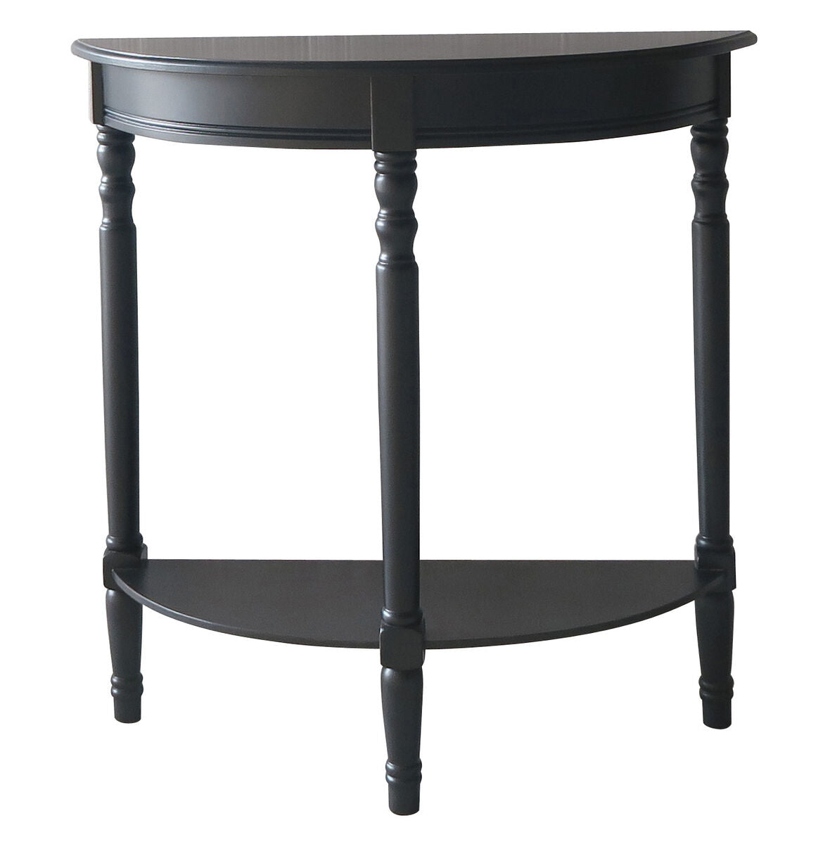 Black Wooden Half Moon Console Table with Carved Spindle Legs and 1 Lower Storage Shelf | Heritage