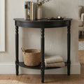 Black Wooden Half Moon Console Table with Carved Spindle Legs and 1 Lower Storage Shelf | Heritage