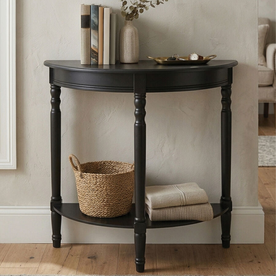 Black Wooden Half Moon Console Table with Carved Spindle Legs and 1 Lower Storage Shelf | Heritage