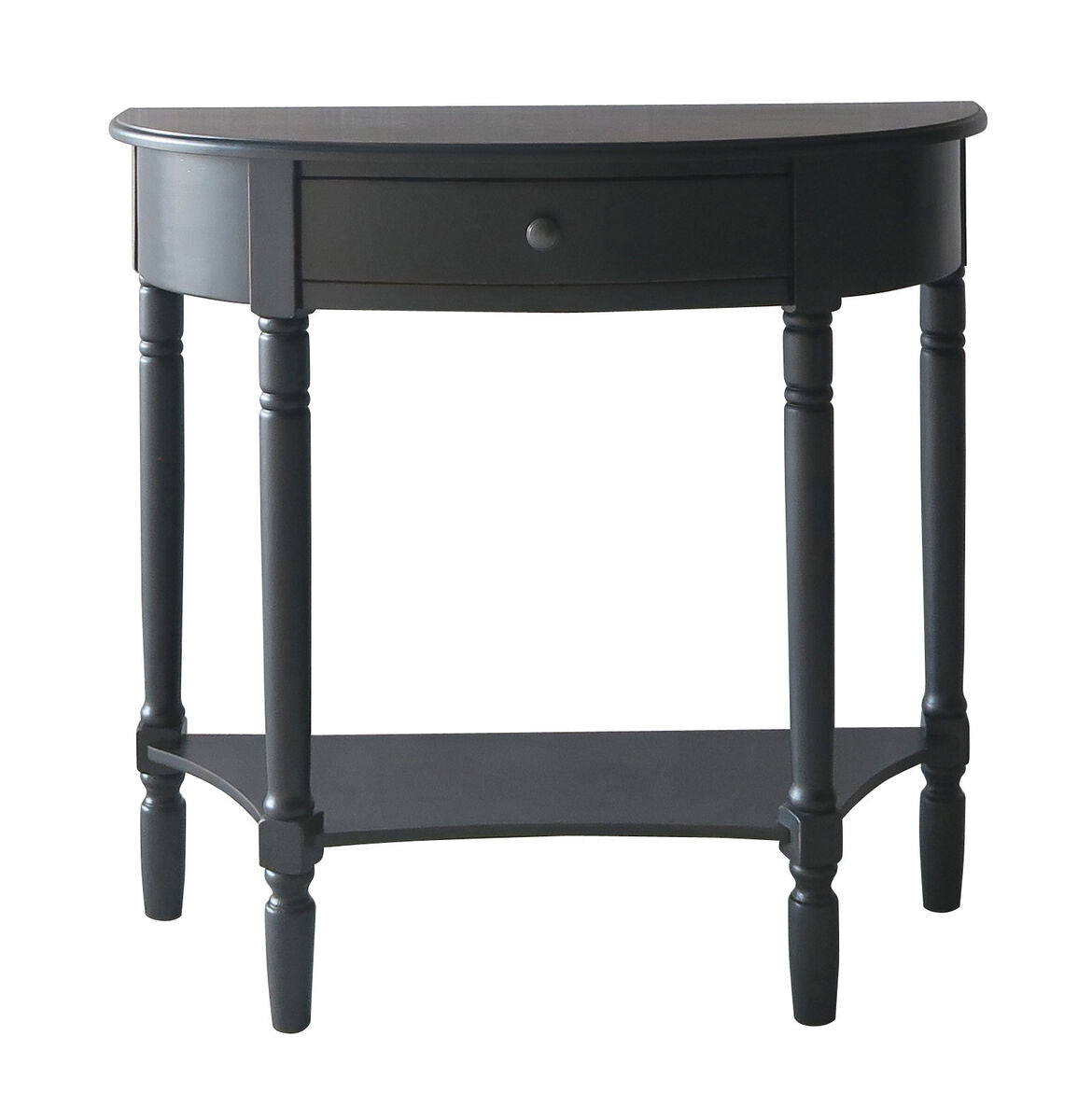 Black Half Moon Wooden Console Table with 1 Drawer and 1 Lower Open Storage Shelf | Heritage
