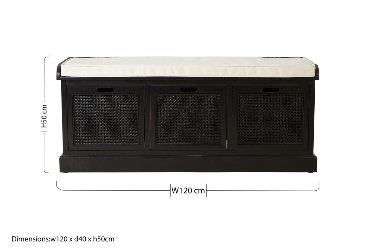 Heritage Black Three Drawer Storage Bench With Cushion