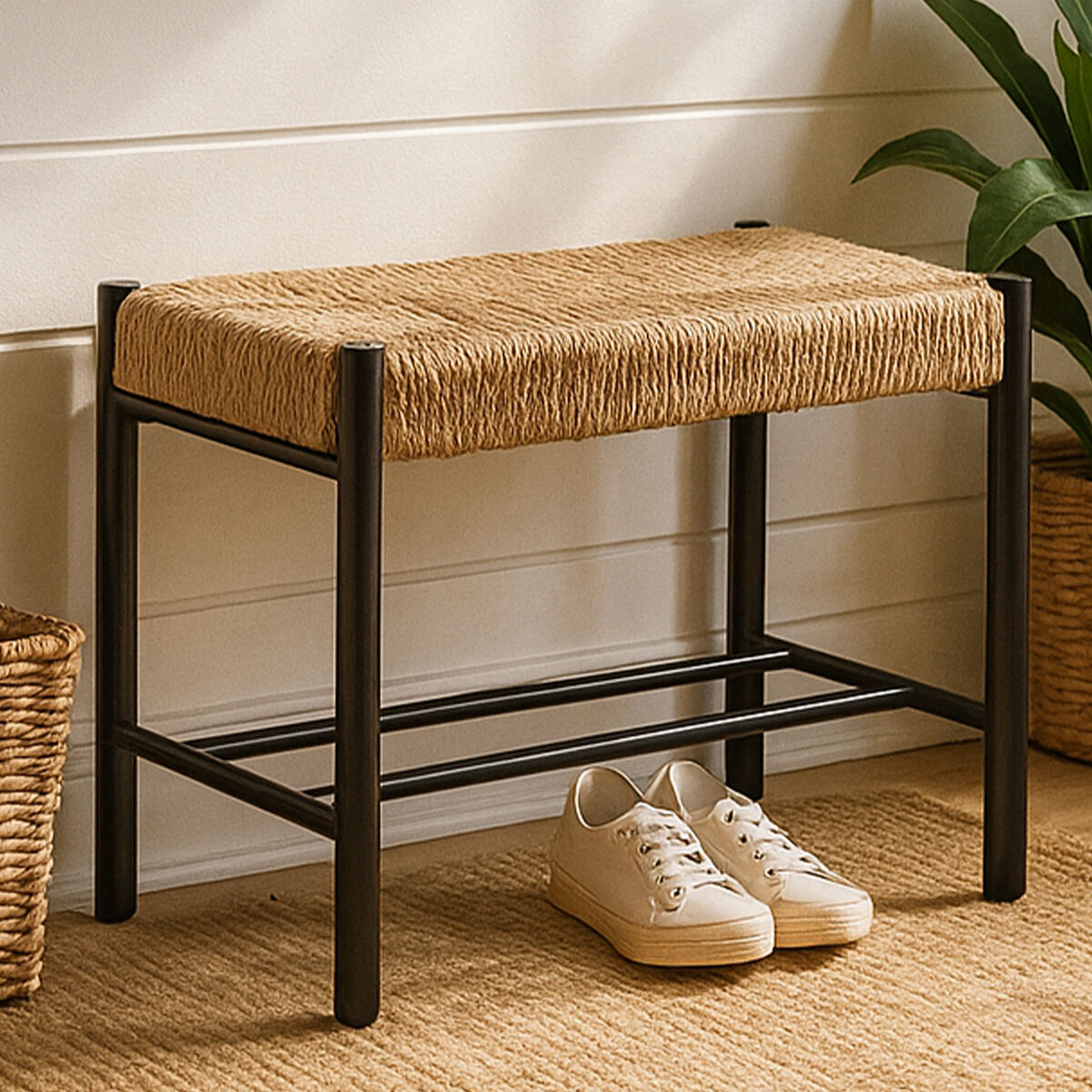 Bandar Natural Rope And Black Wood Small Bench