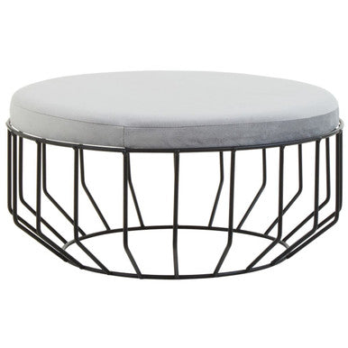 Hayes Round Grey Velvet & Black Metal Large Footstool