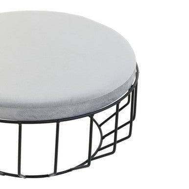 Hayes Round Grey Velvet & Black Metal Large Footstool