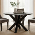Black Wood Veneer Round Top Dining Table With Metal Legs, Salford