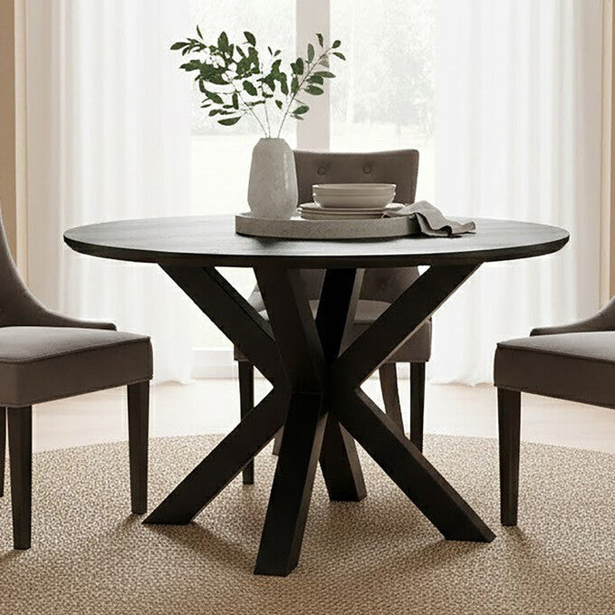 Black Wood Veneer Round Top Dining Table With Metal Legs, Salford