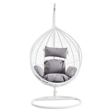 Goa White Rattan Hanging Chair With Grey Cushions
