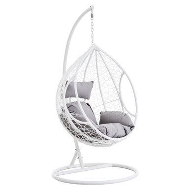 Goa White Rattan Hanging Chair With Grey Cushions