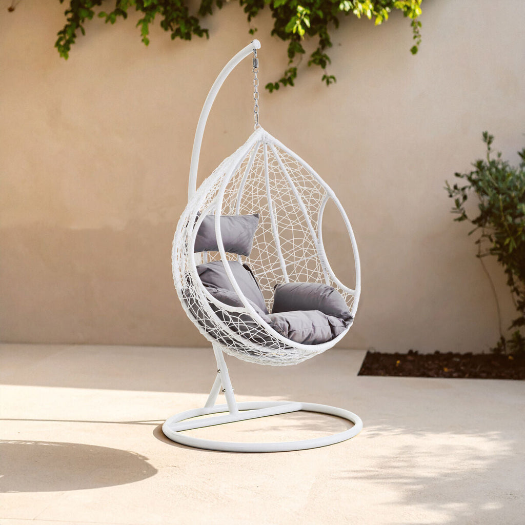 Goa White Rattan Hanging Chair With Grey Cushions