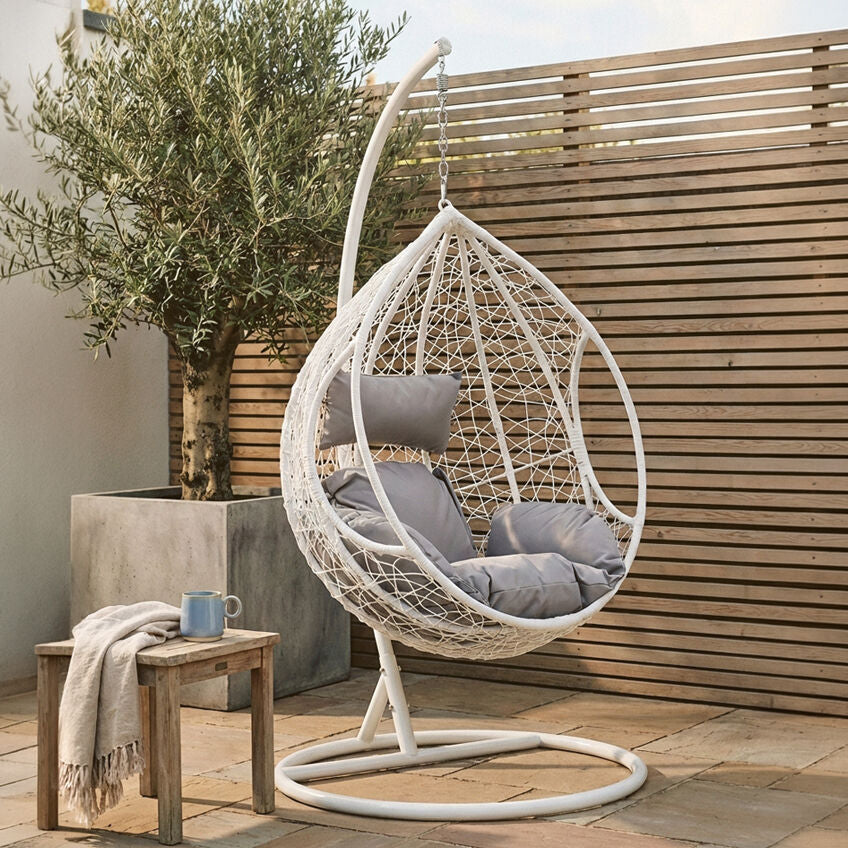 Goa White Rattan Hanging Chair With Grey Cushions