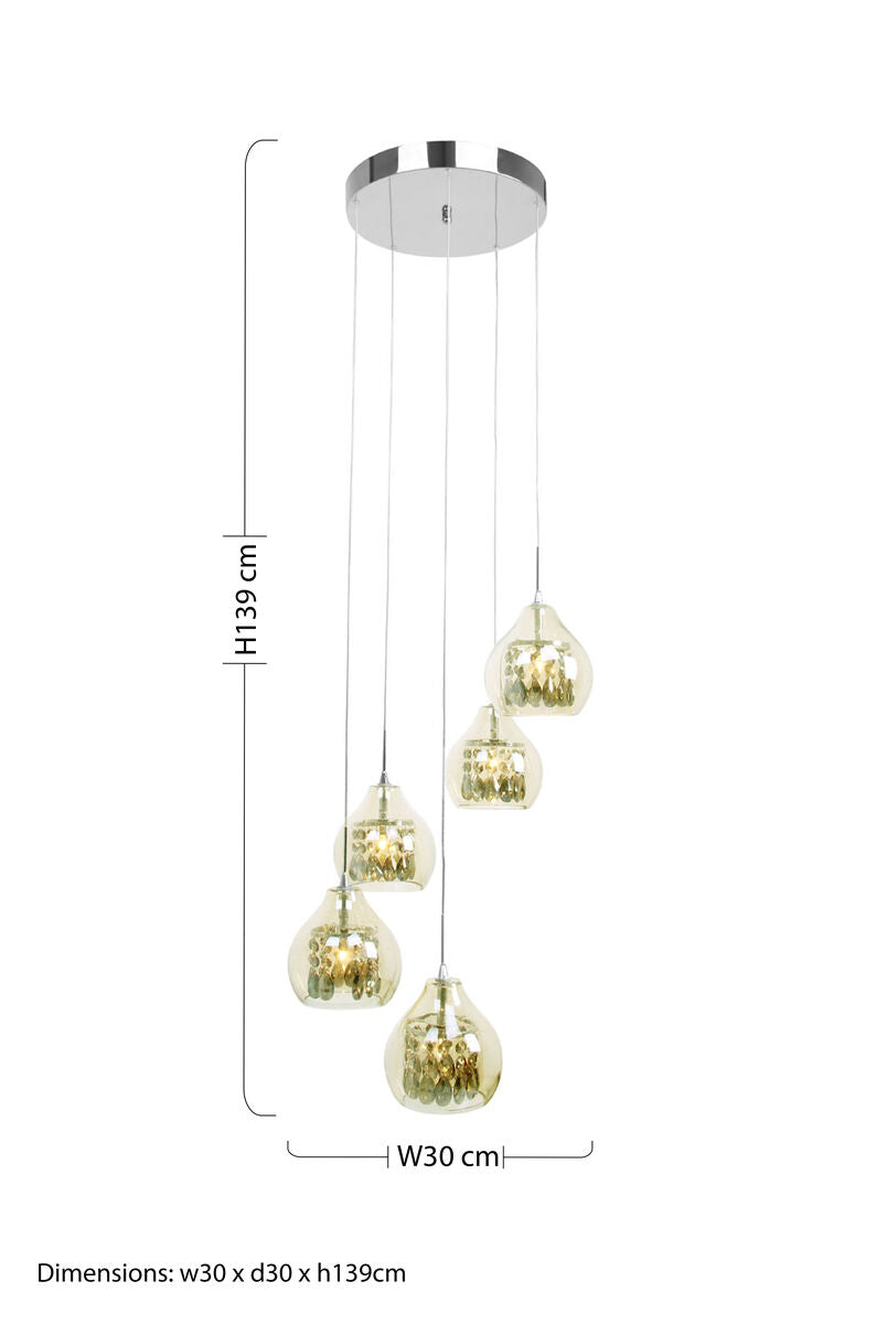 Moire Smoked Glass & Chrome 5 Pendant Light