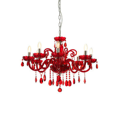 Murano 8 Bulb Chrome & Red Crystal Glass Chandelier