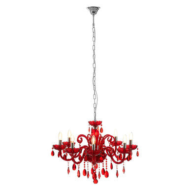 Murano 8 Bulb Chrome & Red Crystal Glass Chandelier